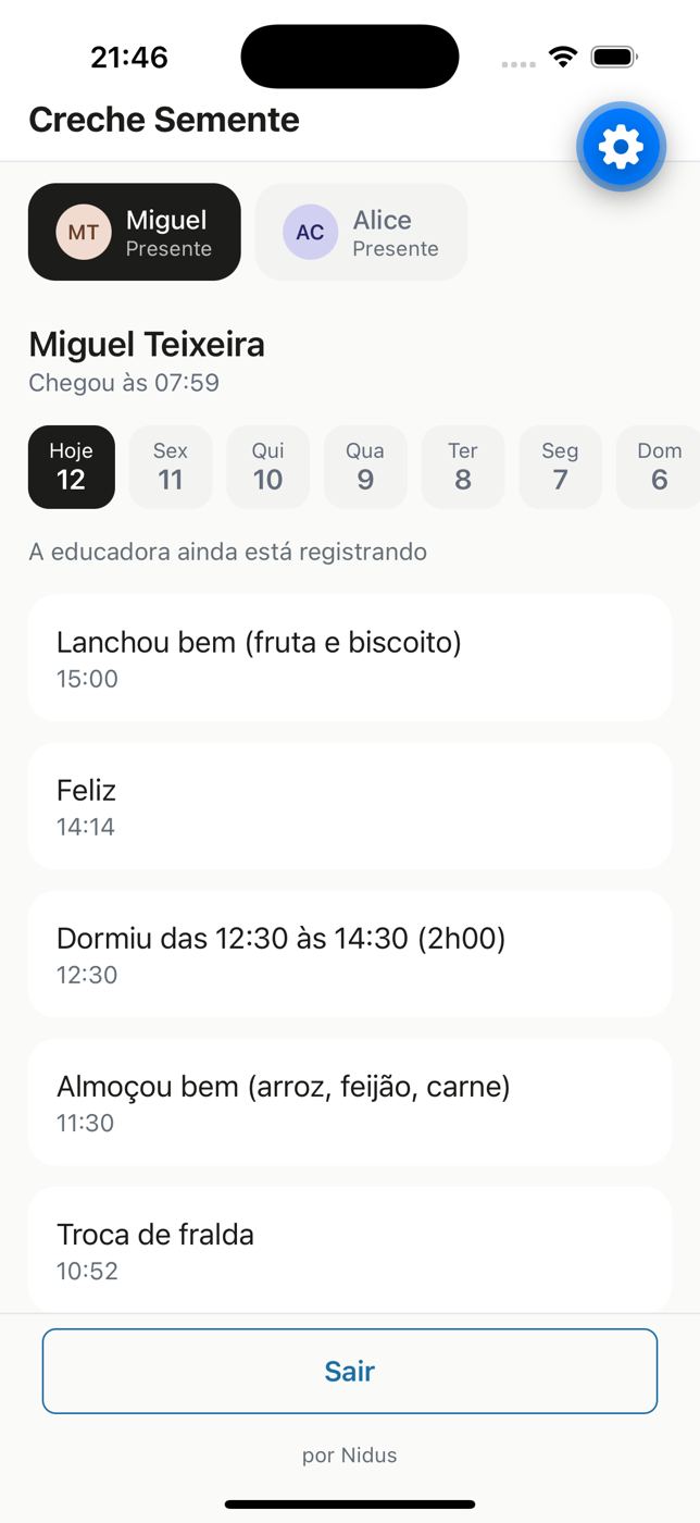 Aplicativo da família mostrando a rotina do dia